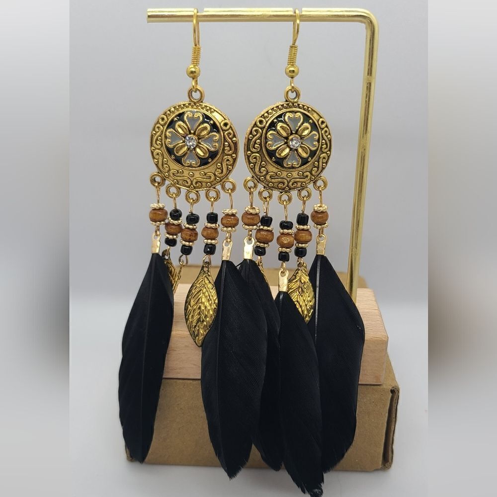Black Boho Feather Tassel Floral Beaded Dangle Earrings Tribal Native Gypsy New - Picture 3 of 7